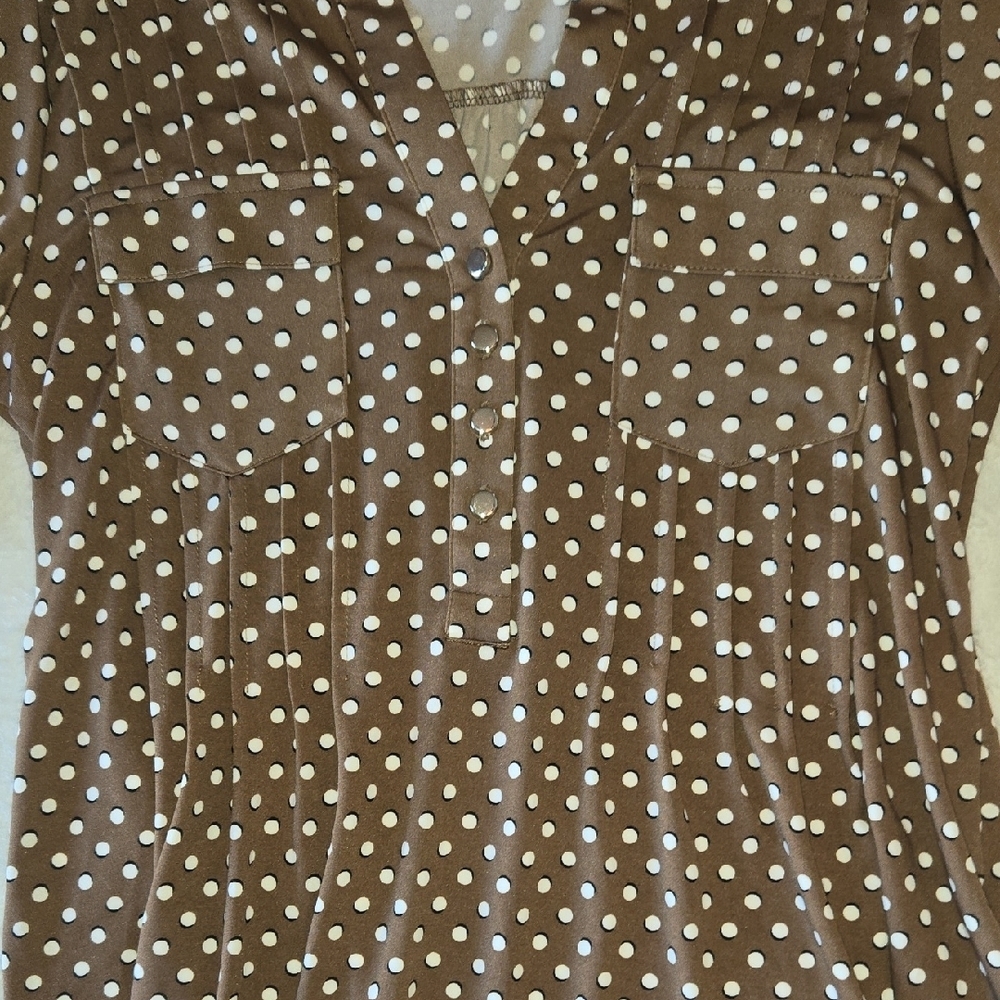 Papaya SP Pleated Blouse Brown PolkaDots Cuffed 3/4 Sleeves Mandarin Collar Y2K - Picture 6 of 8